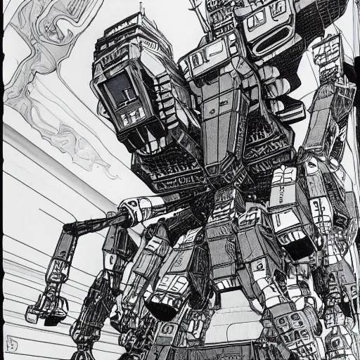 Prompt: jean giraud moebius giger giant mech gundam robot battle illustration comic black and white intricate hyperdetailed