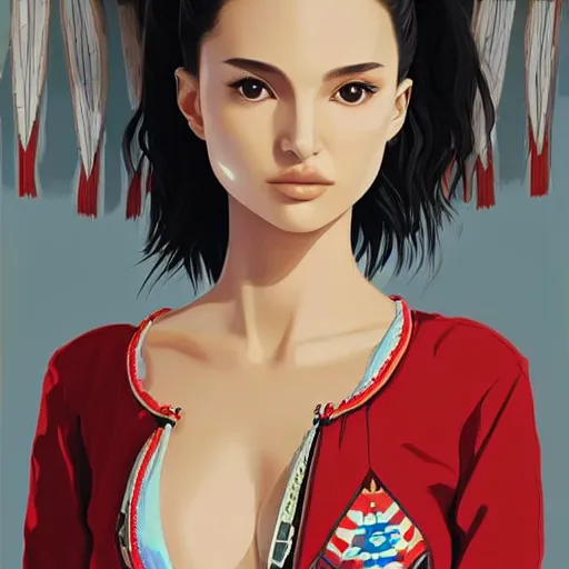 Image similar to a beautiful young japanese natalie portman alluring gravure model, stylized concept art, wearing elegant designer bomber jacket and one piece bikini, bomber jacket with mesoamerican patterns, mesoamerican native street fashion, princess mononoke, painted by ilya kuvshinov aesthetic, gorgeous, stunning, alluring, attractive, artstation, pinterest, digital art