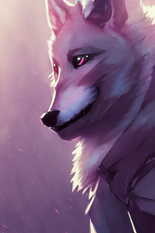 Image similar to a wolf fursona, trending on artstation, by kawacy, furry art, digital art, cyberpunk, high quality, backlighting