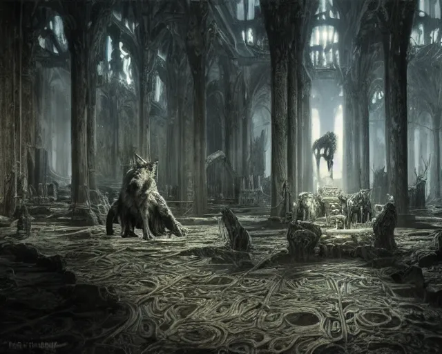 Image similar to king of the wolves - fantasy, inside the king's hall wolves and their treasures, ethereal, ominous, misty, 8 k, by h. r. giger and greg rutkowski