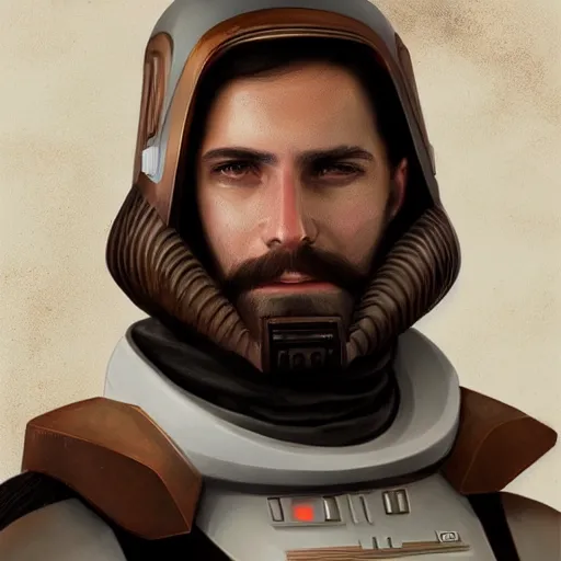 Prompt: Portrait of a man with brown hair and beard smiling in futuristic Star Wars imperial armor, digital art, realistic, artstation, detailed