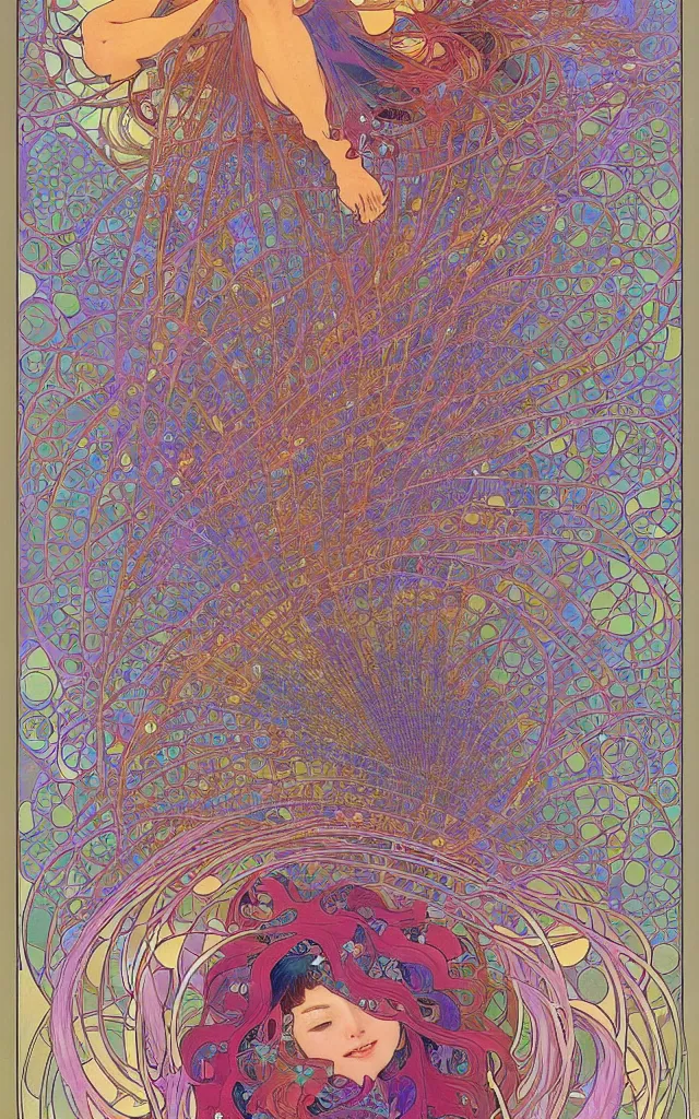 Prompt: wave, particle, synth, frequencies, pattern, oscillation. wave-particle duality. colorful, vibrant. fractal gems, fractal crystals, by alphonse mucha, by jean giraud and by james jean