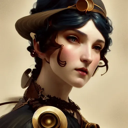 Image similar to character concept portrait of a steampunk woman with pale ski, intricate, elegant, digital painting, concept art, smooth, sharp focus, illustration, by ruan jia and mandy jurgens and william - adolphe bouguereau, artgerm,