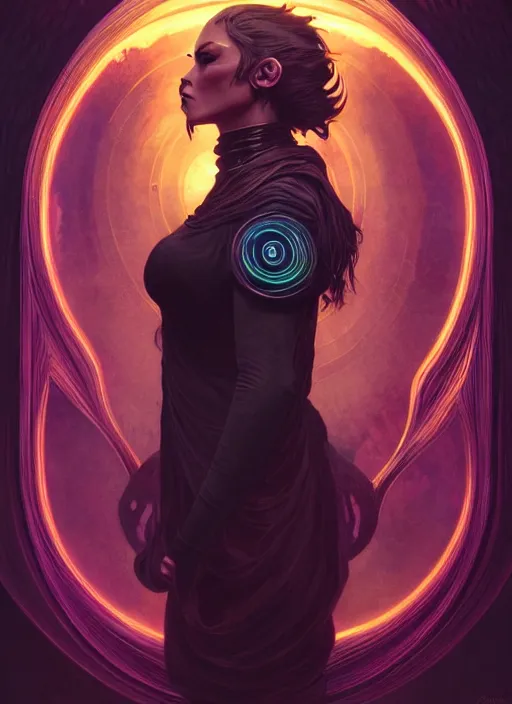 Image similar to book cover, front portrait, dark witch with black hood and evil eyes, realism, soft, smooth, luminescent, art nouveau tarot, backlit glow, colorful swirly ripples, gaudy colors, aesthetic octane render, unreal engine, 8 k, by artgerm, greg rutkowski, alphonse mucha