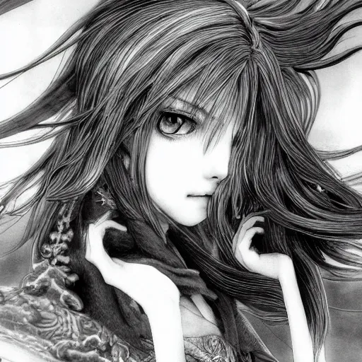 Image similar to a portrait of a character in a scenic environment by Yoshitaka Amano, black and white, dreamy, dark eyes, wavy silver hair, highly detailed