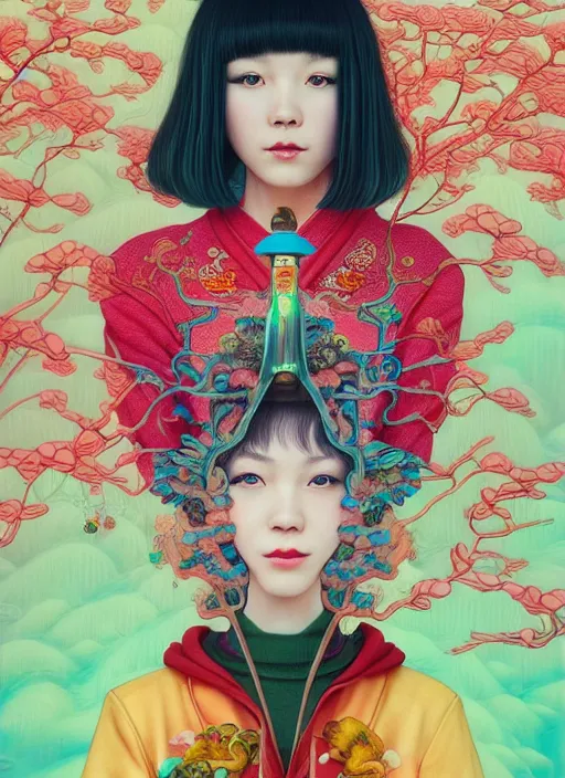 Image similar to pretty chinese girl holds hallucination mushroom : : by martine johanna and simon stalenhag and chie yoshii and casey weldon and wlop : : ornate, dynamic, particulate, rich colors, intricate, elegant, highly detailed, centered, artstation, smooth, sharp focus, octane render, 8 k