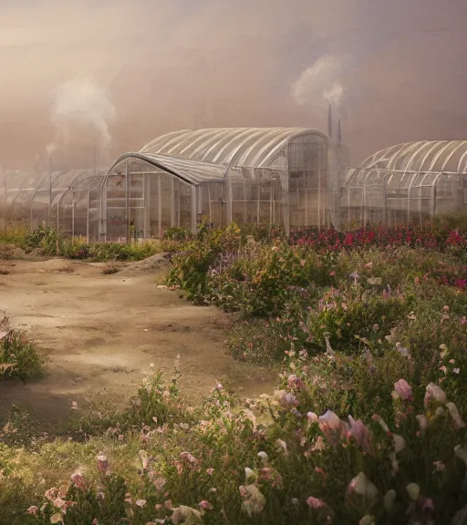 Image similar to a matte painting of a white biroremediation architecture, greenhouse in the mining tailings in the desert, prairie, cottage town, foggy, patchy flowers, oil painting, pale colors, high detail, 8 k, wide angle, trending on artstation, behance
