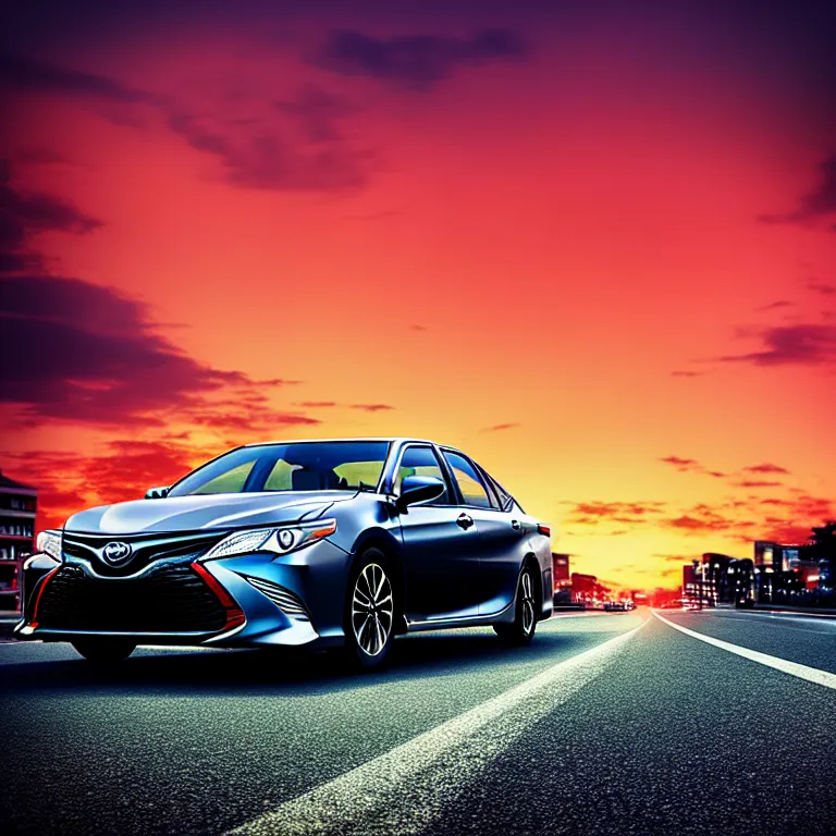 Image similar to close-up-photo TOYOTA CAMRY middle of street, sunset kanagawa prefecture, night, cinematic color, photorealistic, highly detailed,