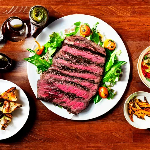 Image similar to photo of a lavish and exquisite dinner, including a large seasoned steak with a salad, with a grilled and a seasoned vegetable medley on the side, mouthwatering, studio advertising photography, f/1.8 32mm HDR