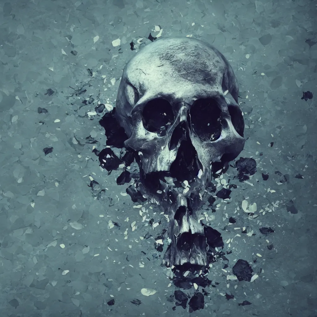 Image similar to obsidian skull surrounded by dark water with floating flower petals, octane render, trending on artstation