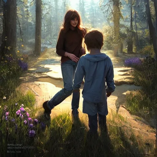 Image similar to epic hyperrealism cinematic masterpiece where a mother appears with her happy son. realistic poster with shaded lighting by craig mallismo, artgerm, jeremy lipkin and michael garmash, unreal engine, radiant light, detailed and complex environment, digital art, art station trends