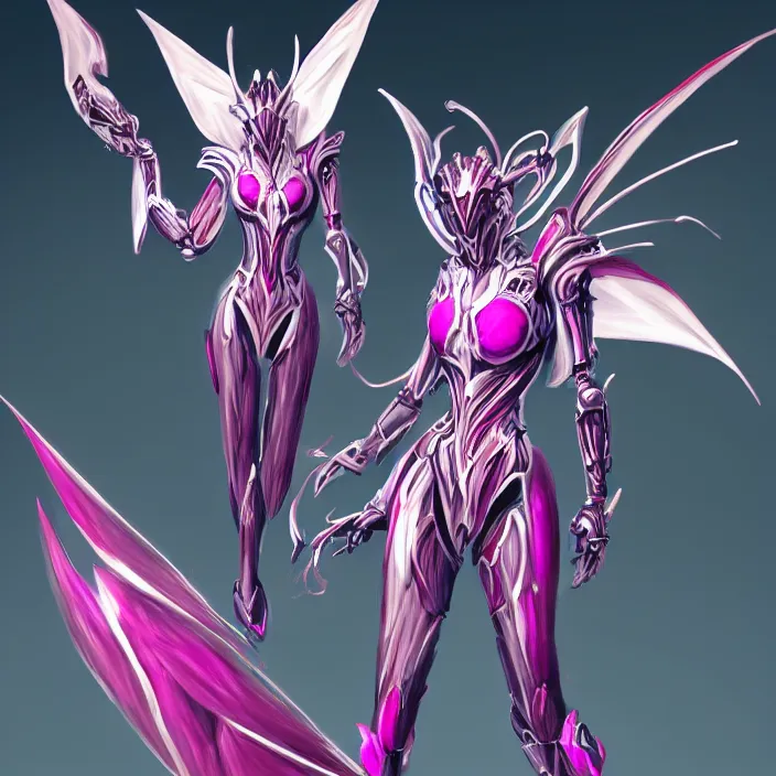 Image similar to highly detailed exquisite fanart, of a beautiful female warframe, but as a stunning anthropomorphic robot female dragon, standing elegantly, shining reflective off-white plated armor, bright Fuchsia skin, sharp claws, full body shot, epic cinematic shot, realistic, professional digital art, high end digital art, DeviantArt, artstation, Furaffinity, 8k HD render, epic lighting, depth of field