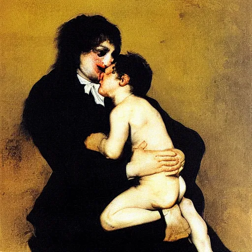 Image similar to putin kissing a boy in the tummy oil painting by francisco goya