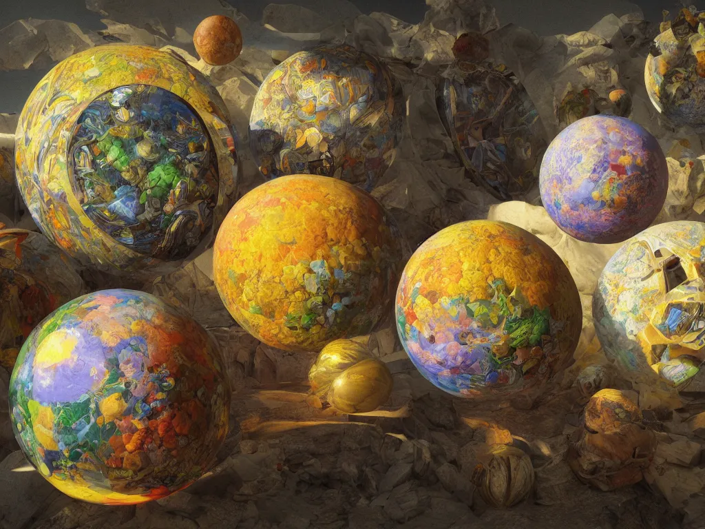 Image similar to 3 d render, sunlight study, the universe is a spheroid region 7 0 5 meters in diameter, art nouveau, by cornelis de heem and ( ( ( ( ( lisa frank ) ) ) ) ), 8 k, sharp focus, octane render