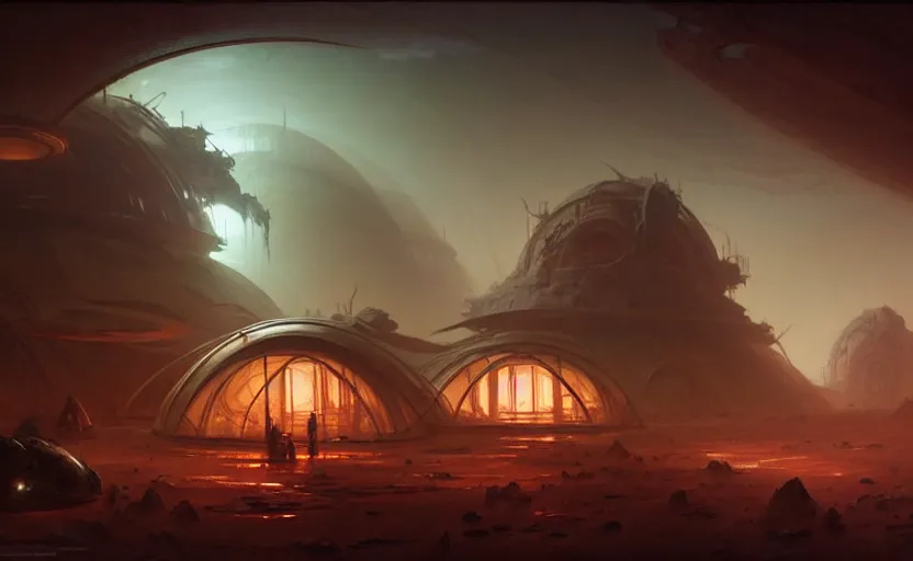 Prompt: abandoned mars biodome, horror sccene, by Greg Rutkowski and Gaston Bussiere, dim lighting, beautiful volumetric-lighting-style atmosphere, futuristic atmosphere, intricate, detailed, photorealistic imagery, artstation