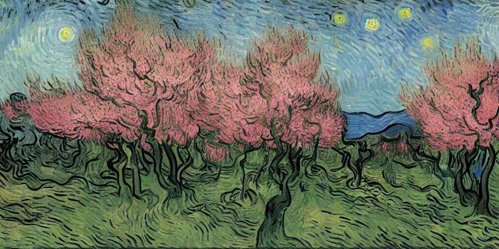 Image similar to a dark cave with bright light at the exit and a pink peach blossom forest outside, by Vincent van Gogh