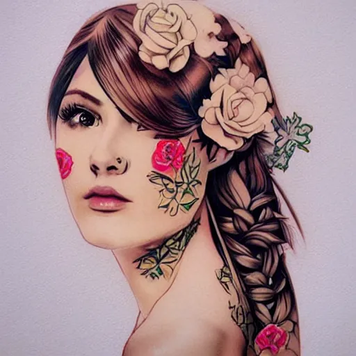 Image similar to tattoo design, stencil, traditional, beautiful portrait of a girl with flowers in her hair by artgerm, artgerm, digital art