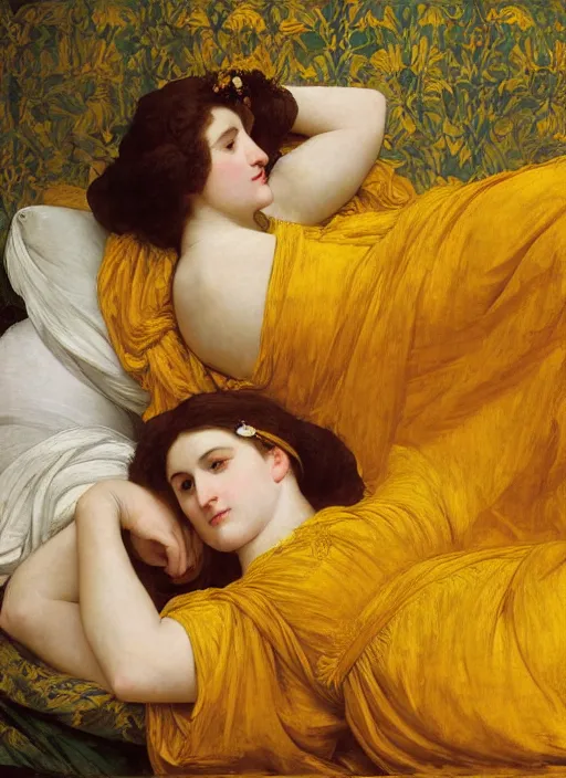 Image similar to masterpiece portrait of lady reclining on bed wearing yellow ochre ornate medieval dress, foreshortening, colour photography by frederic leighton, william morris, 8 k