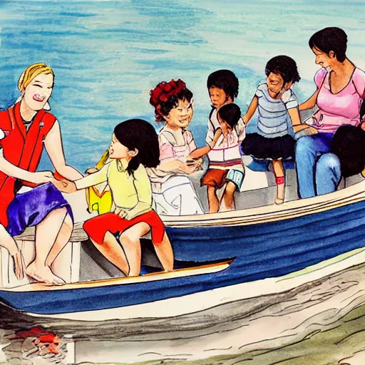 Image similar to The drawing depicts a group of well-dressed women and children enjoying a leisurely boat ride on a calm day. The women are chatting and laughing while the children play with a toy boat in the foreground. by Dustin Nguyen, by William Wray delicate