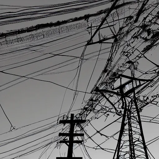 Image similar to a man looking at the sky, texture, brown mud, dust, tangled overhead wires, telephone pole, dusty, dry, pencil marks, genius party,shinjuku, koji morimoto, katsuya terada, masamune shirow, tatsuyuki tanaka  hd, 4k, remaster, dynamic camera angle, deep 3 point perspective, fish eye, dynamic scene