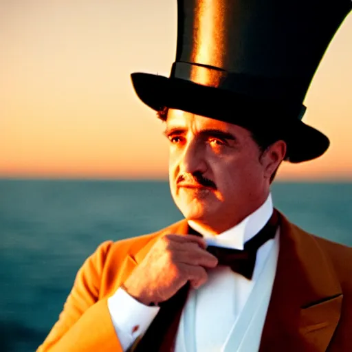 Image similar to the godfather wears a top hat. 5 0 mm, cinematic, technicolor. sea and beach and a man in the background. sunset lighting