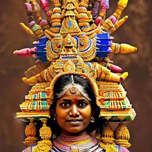 Image similar to a woman wearing an armor and head - dress. the armor and head - dress is made out of the colors, textures and sculptures of the meenakshi temple in madurai. intricate. detailed.