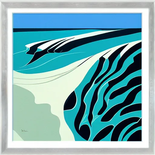 Image similar to top down view of a coastline with waves crashing on the shore, shades of blue, by eyvind earle