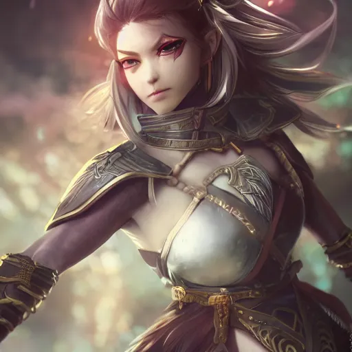 Image similar to character design, beautifull female warrior, fantasy style clothing, anime key visual, official media, illustrated by wlop, extremely detailed, 8 k, trending on artstation, cinematic lighting, beautiful, mist, photorealistic, octane render, unreal engine, hyper detailed, volumetric lighting