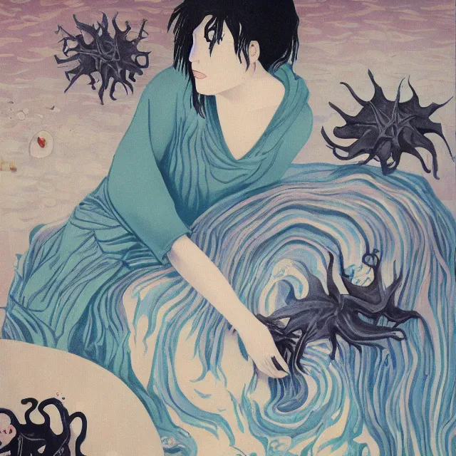 Prompt: tall emo female artist holding a starfish in her flooded kitchen, pomegranates, octopus, water gushing from ceiling, painting of flood waters inside an artist's apartment, a river flooding indoors, ikebana, zen, rapids, waterfall, black swans, canoe, berries, acrylic on canvas, surrealist, by magritte and monet