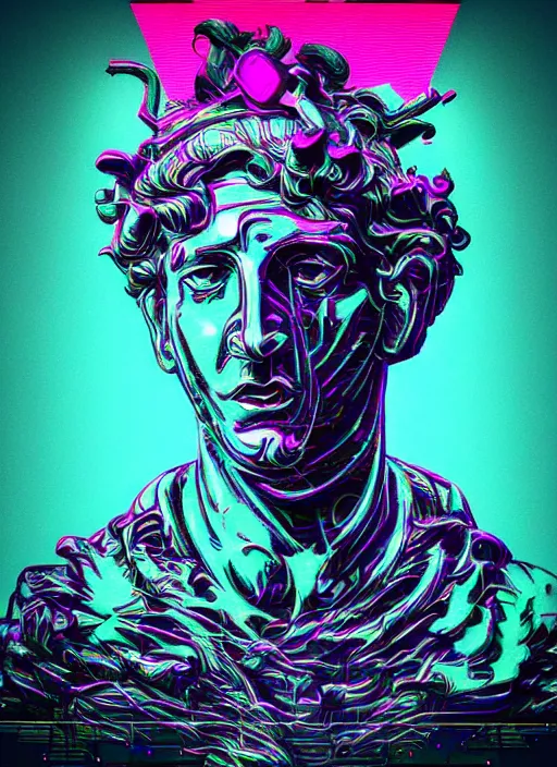 Image similar to statue of dionysus, beeple, android jones, dan mumford, vaporwave, retrowave, black background, neon wiring, black, glitch, strong contrast, cuts, pinterest, trending on artstation