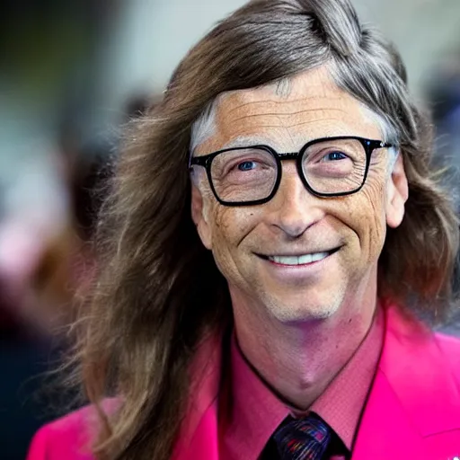 Prompt: Bill Gates close up photo with bright red lipstick, hair extensions and lots of pink makeup