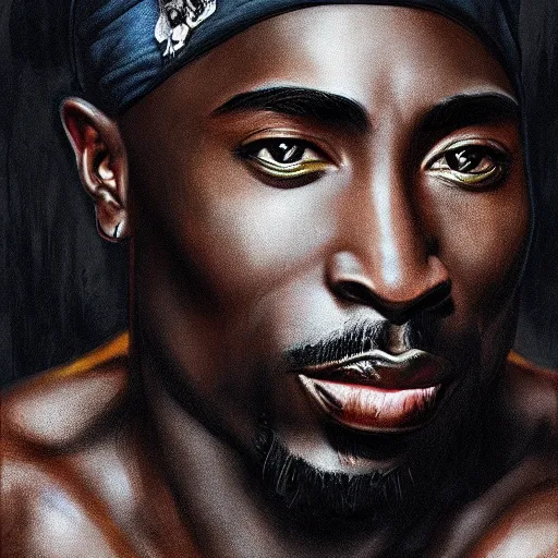 Image similar to tupac as black panther, digital painting, extremely detailed, 4 k, intricate, brush strokes, mark arian, artgerm, bastien lecouffe - deharme