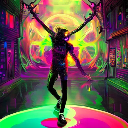 Image similar to psychedelic cyberpunk demon painting, rocking out, wearing headphones, huge speakers, dancing, rave, DJ, spinning records, digital art, amazing composition, rule-of-thirds, award-winning, trending on artstation, featured on deviantart