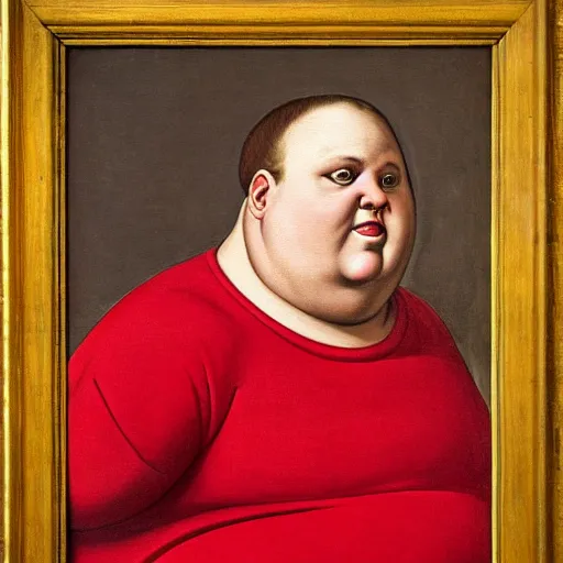 Image similar to a painting of a morbidly obese man with a red painted face wearing red clothing by Agnolo Bronzino
