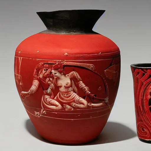 Prompt: red and black greek pottery showing hera scolding aphrodite and artemis for posting divine secrets on twitter