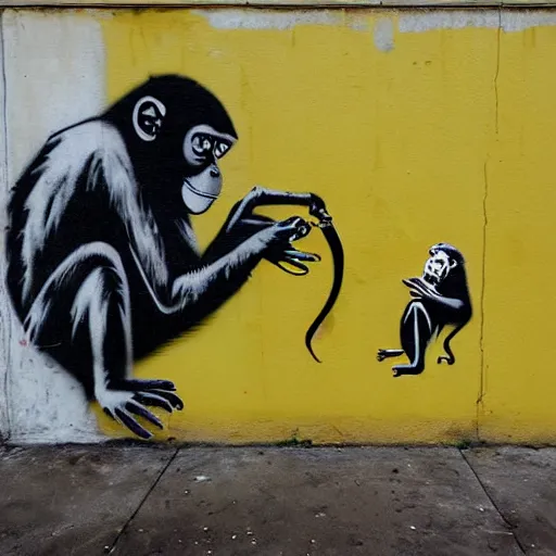 Image similar to monkey eats a banana, graffiti, photograph, made by banksy, yellow and brown colors, spray brush, midday, sunny, professional