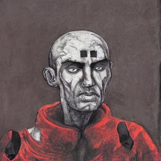 Prompt: portrait of alexander abdulov, with a red eyes, satanic body, head of old man, om blood of sinners, with background of ruined city, post - apocalyptic style, hellish style