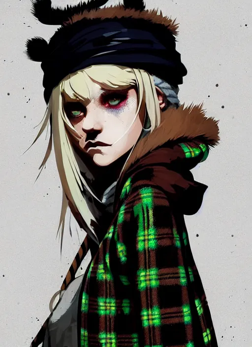 Image similar to highly detailed closeup portrait of a sewer punk female thief, tartan cloak, blonde hair with headband by atey ghailan, by greg rutkowski, by greg tocchini, by james gilleard, by joe fenton, by kaethe butcher, gradient, blue, black, brown and cream color scheme, grunge aesthetic!!! white graffiti tag wall background
