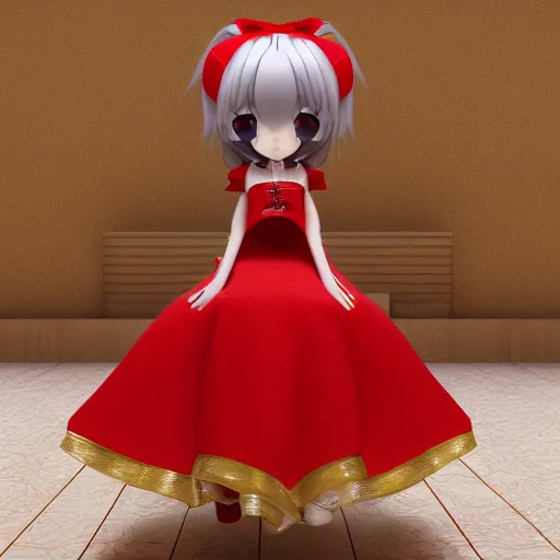 Prompt: cute fumo plush of a girl in a red and gold dress, high quality material bssrdf, vray, anime girl
