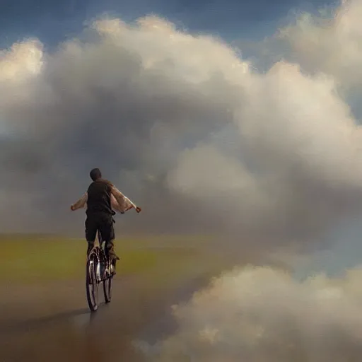 Prompt: A man riding his bicycle through the clouds in the sky, evokes feelings of wonder and amazement, an expressive oil painting by Krenz Cushart