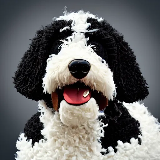 Image similar to a closeup photorealistic photograph of a cute smiling knitted bernedoodle judge dog dressed in a black gown, presiding over the courthouse. indoor image, professional capture, well lit shot. this 4 k hd image is trending on artstation, featured on behance, well - rendered, extra crisp, features intricate detail, epic composition and the style of unreal engine.