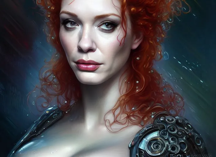 Image similar to portrait shot of christina hendricks in cyberpunk clothed, shiny skin, wet, oily, intricate, elegant, highly detailed, centered, digital painting, artstation, concept art, smooth, sharp focus, illustration, artgerm, tomasz alen kopera, peter mohrbacher, donato giancola, joseph christian leyendecker, wlop, boris vallejo