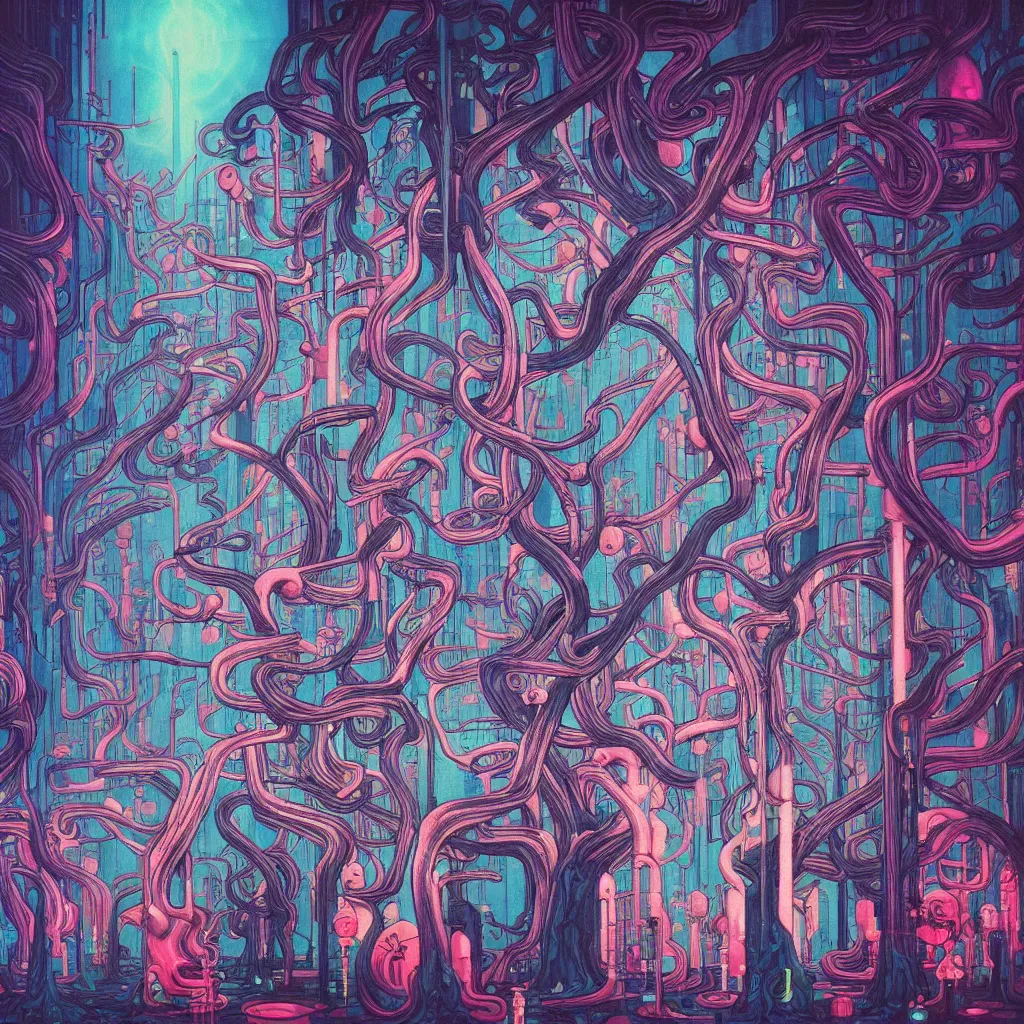 Image similar to acid trees in oil, cyberpunk, by james jean, photoillustration, mystical baroque, pastel synthwave