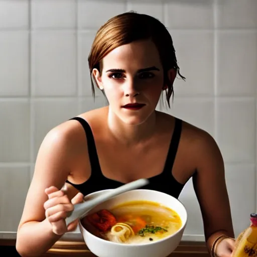 Image similar to emma watson bathing in a big bowl of ramen. architectural digest.