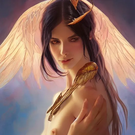 Prompt: a great lucifer, with beautiful wings, beautiful feather, demon horn with fire on head, long dark hair, intricate, elegant, highly detailed, digital painting, artstation, concept art, smooth, sharp focus, illustration, art by artgerm and greg rutkowski and alphonse mucha