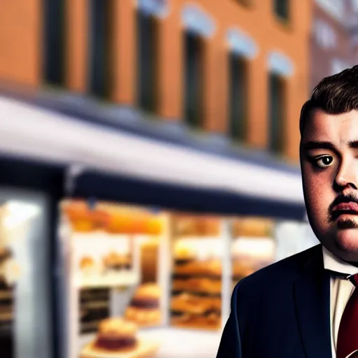 Image similar to Close up portrait of a chubby man wearing a brown suit and necktie with a bakery the background. Photorealistic. Award winning. Dramatic lighting. Intricate details. UHD 8K. He looks guilty.