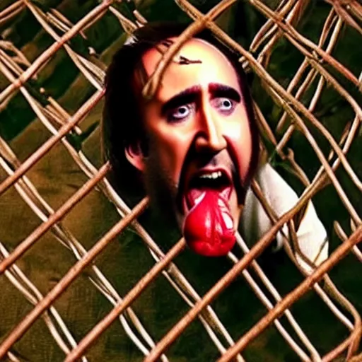 Image similar to nicolas cage trapped in a wicker cage screaming with a mouth full of peas