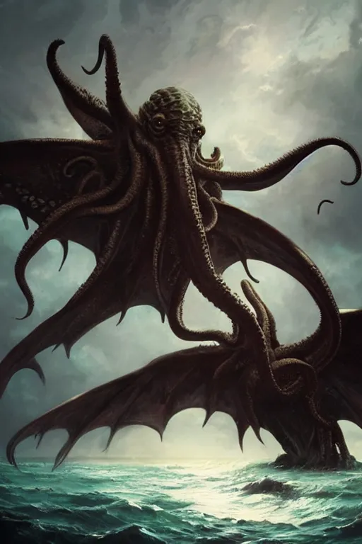 Prompt: cthulhu rising from the ocean with wings spread, digital art, magic the gathering, mtg, by greg rutkowski, trending on artstation