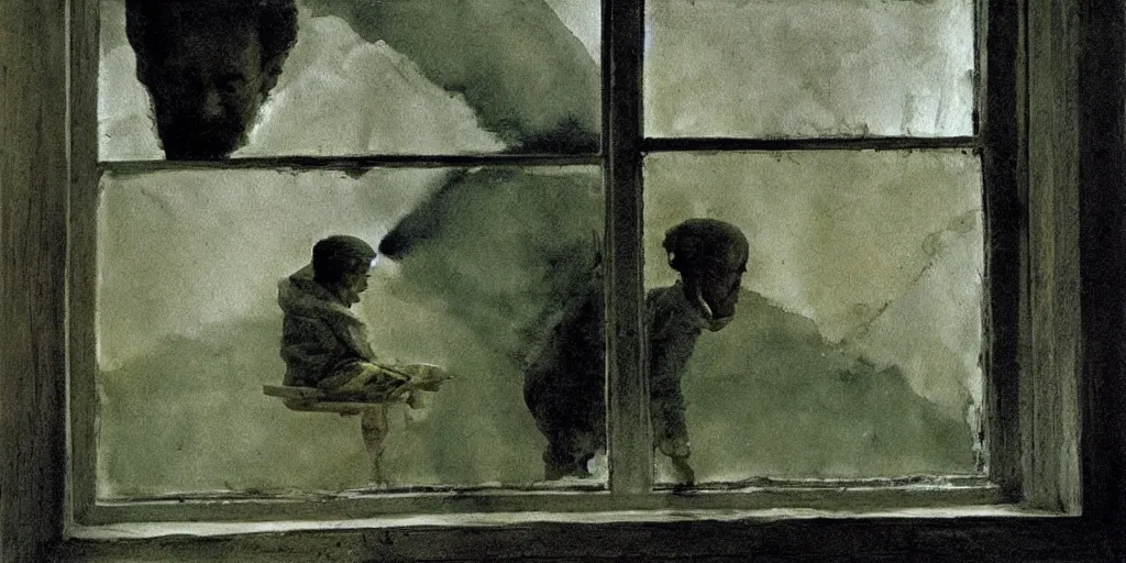 Image similar to the creepy person outside the window, a painting by Andrew Wyeth