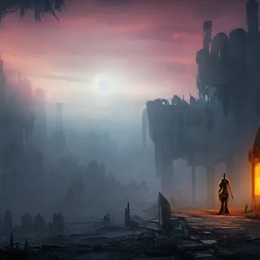 Prompt: A knight travelling through a desolate village as a sickly yellow light bleeds through the clouds, dark atmosphere, unreal engine, high details, illustration, 8k resolution